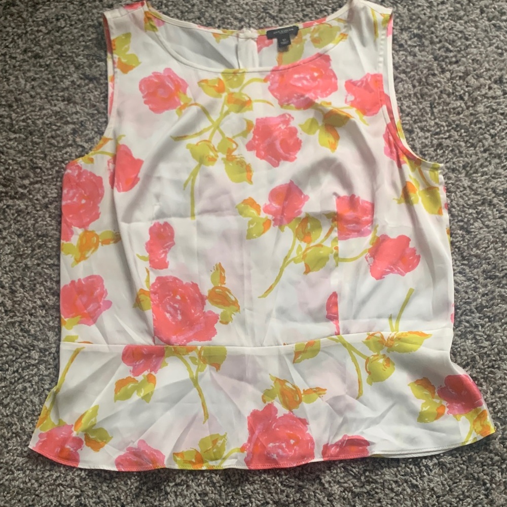 Ann Taylor Silky Peplum Pink and Yellow Floral Blouse